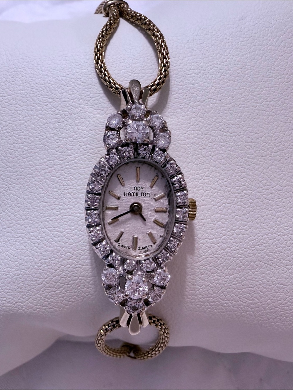 VINTAGE Lady Hamilton 14K Solid Gold & Diamonds Oval Bracelet Watch